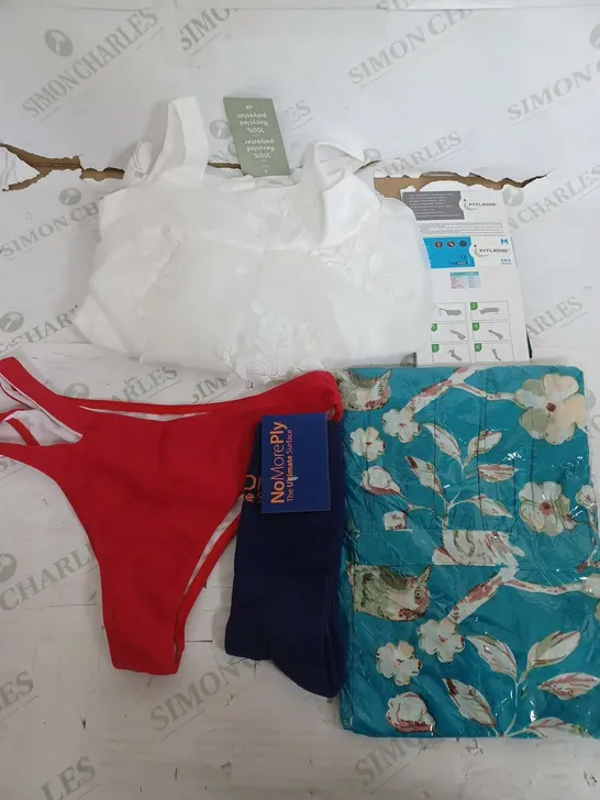 BOX OF APPROXIMATELY 22 ASSORTED CLOTHING ITEMS TO INCLUDE - SOCKS , DRESS , BIKINI PANTS ETC