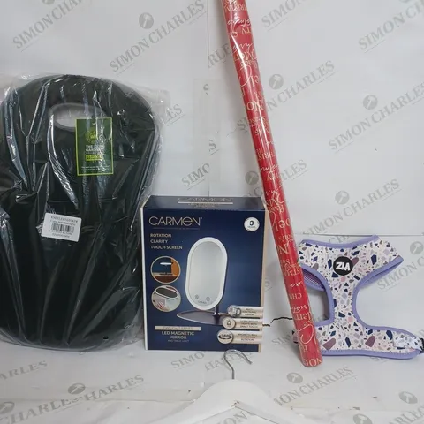 BOX OF APPROXIMATELY 8 ASSORTED ITEMS TO INCLUDE - CARMEN MIRROR - KNEELING PAD - WRAPPING PAPER ETC