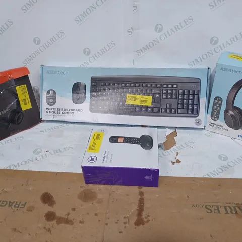 BOX OF APPROXIMATELY 14 ASSORTED ITEMS TO INCLUDE A WIRELESS KEYBOARD & MOUSE COMBO, A PAIR OF WIRELESS HEADPHONES AND A USB PC HEADSET 