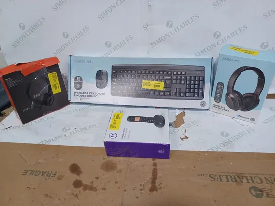 BOX OF APPROXIMATELY 14 ASSORTED ITEMS TO INCLUDE A WIRELESS KEYBOARD & MOUSE COMBO, A PAIR OF WIRELESS HEADPHONES AND A USB PC HEADSET 