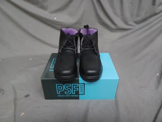 BOX OF APPROXIMATELY 10 PAIRS OF WOMENS PSF LADIES VERSATILE SAFETY BOOTS - SIZE 4