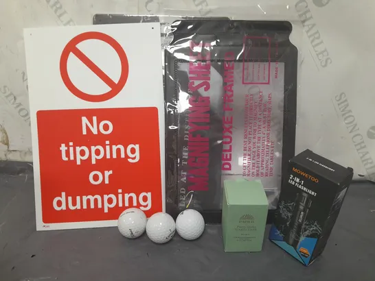 APPROXIMATELY 12 ASSORTED HOUSEHOLD ITEMS TO INCLUDE GOLFBALLS, LED FLASHLIGHT, 'NO TIPPING/DUMPING' SIGN, ETC