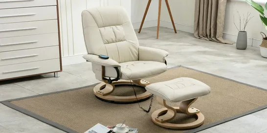 BOXED CREAM FAUX LEATHER SWIVEL MASSAGE RECLINER CHAIR (1 BOX)