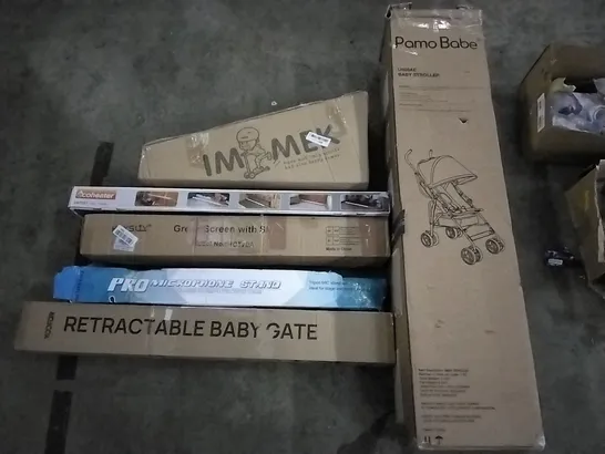 PALLET OF ASSORTED ITEMS INCLUDING RETRACTABLE BABY GATE, GREEN SCREEN WITH STAND, ECOHEATER, IMMEK KIDS SCOOTER, PRO MICROPHONE STAND, PAMO BABE BABY STROLLER 