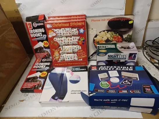 LOT OF APPROX 10 ASSORTED ITEMS TO INCLUDE CHRISTMAS STICKERS. ACCESSIBLE TOILET ALARMS. IRONING HOOKS ETC