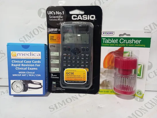 LOT OF APPROXIMATELY 10 ASSORTED HOUSEHOLD ITEMS TO INCLUDE TABLET CRUSHER, CASIO SCIENTIFIC CALCULATOR, CLINICAL REVISION CASE CARDS, ETC