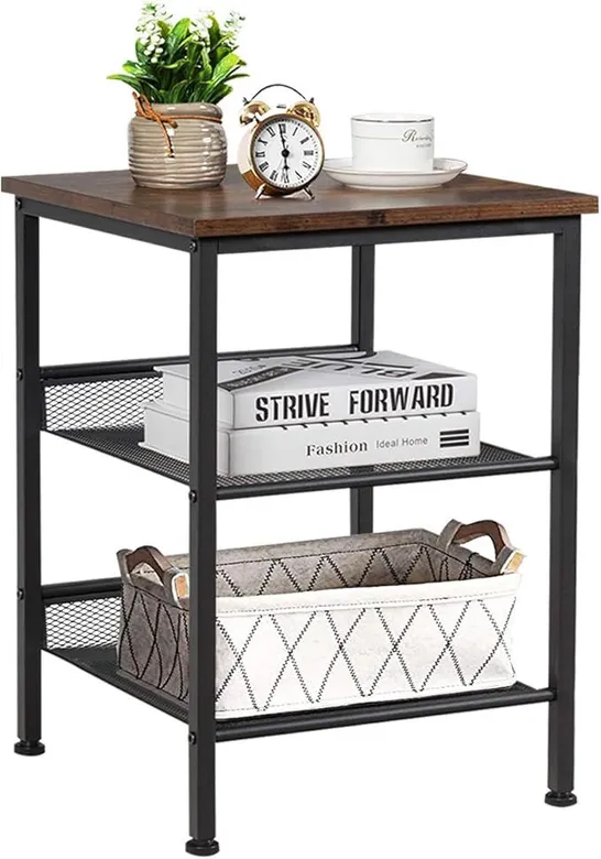 BOXED COSTWAY 3 TIER BEDSIDE TABLE 3 FABRIC DRAWERS SIDE TABLE METAL FRAME, 40 X 30 X 62cm - COFFEE