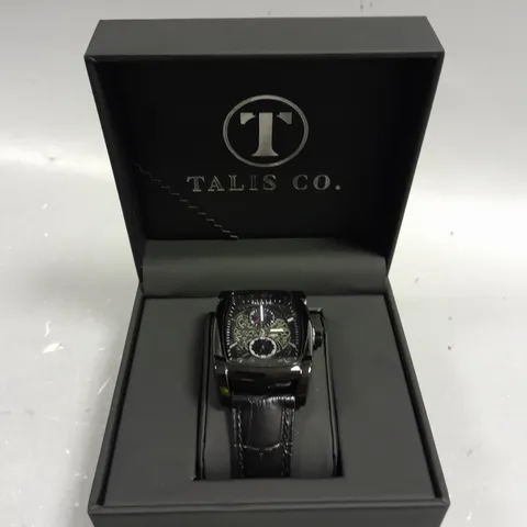 TALIS CO SKELETON DIAL LEATHER STRAP WATCH 