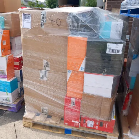 PALLET OF ASSORTED ELECTRICALS TO INCLUDE; HP PRINTER,  LUETOOTH PARTY SPEAKER, POLAROID DAB RADIO, BIG BUTTON LANDLINE PHONE, WIRELESS SILENT KEYBOARD AND CANON PRINTERS