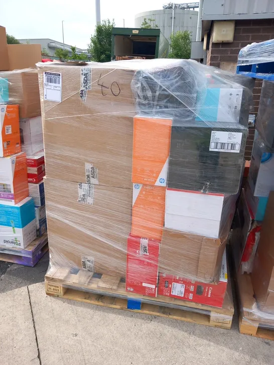 PALLET OF ASSORTED ELECTRICALS TO INCLUDE; HP PRINTER,  LUETOOTH PARTY SPEAKER, POLAROID DAB RADIO, BIG BUTTON LANDLINE PHONE, WIRELESS SILENT KEYBOARD AND CANON PRINTERS