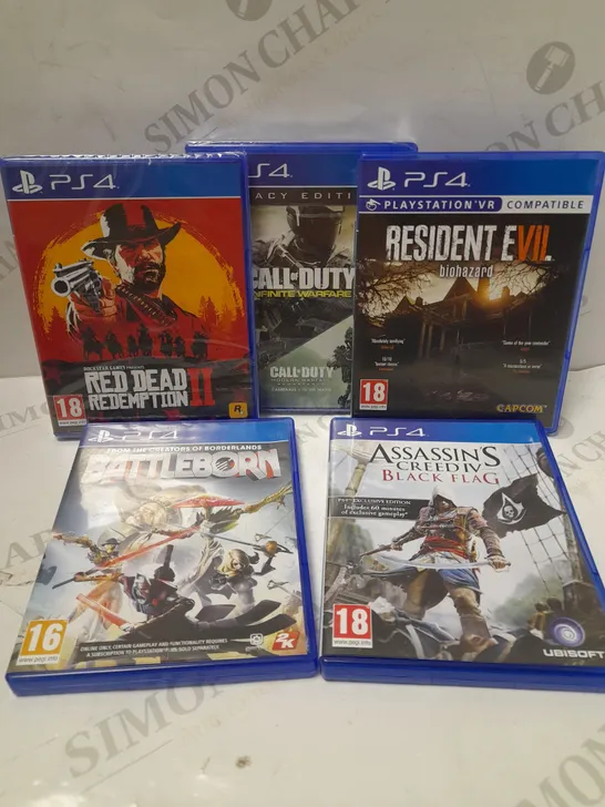 LOT OF 5 ASSORTED PLAYSTATION 4 GAMES TO INCLUDE CALL OF DUTY INFINITE WARFARE, RESIDENT EVIL, ASSASSIN'S CREED IV BLACK FLAG, ETC