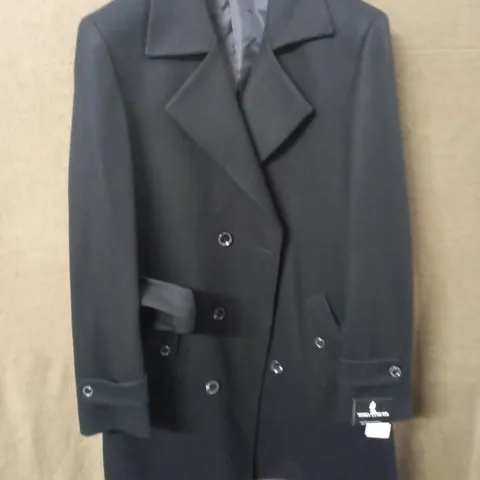 BRAND NEW MOSES KUSHNER 100% WOOL BUTTON FRONT JACKET WITH POCKET DETAIL AND BELT IN BLACK - L