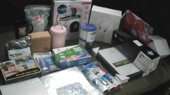 LOT OF ASSORTED HOUSEHOLD ITEMS TO INCLUDE LED MOON LIGHT, MPK BULB FERTILIZER AND PICTURE FRAMES