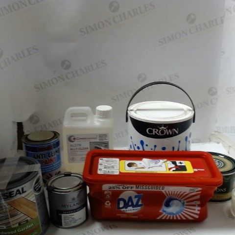 LOT OF ASSORTED ITEMS TO INLCUDE; PAINT, WASHING TABLETS ETC