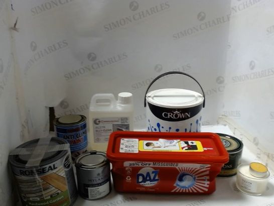 LOT OF ASSORTED ITEMS TO INLCUDE; PAINT, WASHING TABLETS ETC