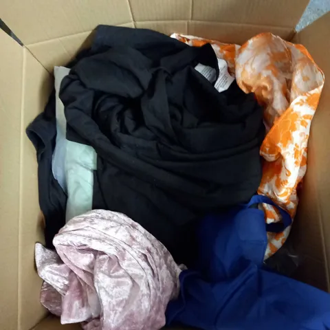  BOX OF ASSORTED CLOTHING ITEMS TOO INCLUDE DRESSES , SHIRTS AND TROUSERS IN VARIOUS SIZES AND COLOURS   