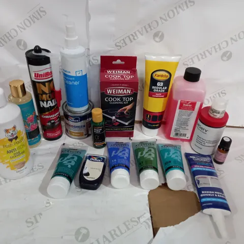 BOX OF ASSORTED HOUSEHOLD ITEMS TO INCLUDE CLEANING PRODUCTS, ASSORTED PAINTS AND SHAMPOOS