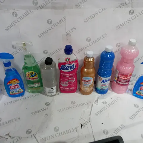 APPROXIMATELY 10 ASSORTED HOUSEHOLD CLEANING SUPPLIES TO INCLUDE ELBOW GREASE, GERPOSTAR PLUS, AND ASEVI DISINFECTANT ETC. 