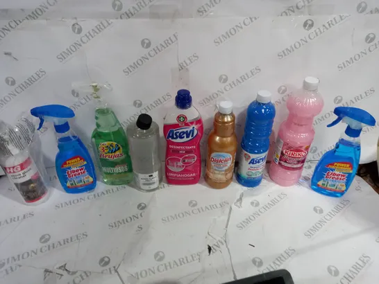 APPROXIMATELY 10 ASSORTED HOUSEHOLD CLEANING SUPPLIES TO INCLUDE ELBOW GREASE, GERPOSTAR PLUS, AND ASEVI DISINFECTANT ETC. 