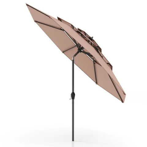 BOXED COSTWAY 296cm 3-TIER OUTDOOR UMBRELLA AUTO-TILT PATIO UMBRELLA W/ DOUBLE VENTED - BEIGE 