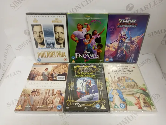 LOT OF APPROXIMATELY 19 ASSORTED DVDS, TO INCLUDE ENCANTO, THOR, THE NIGHTMARE BEFORE CHRISTMAS, ETC