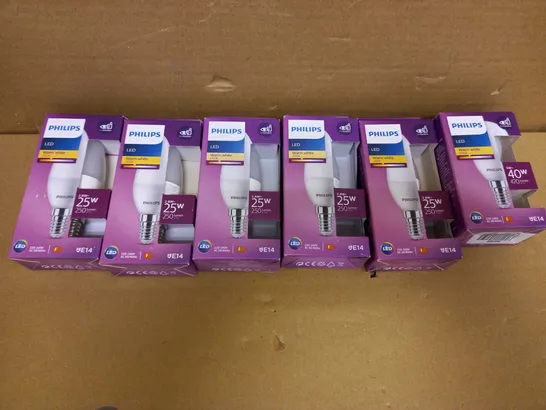 LOT OF 6 ASSORTED PHILIPS LIGHT BULBS TO INCLUDE 5 X LED WEARM WHITE 25W 2700K BULBS & 1 X LED WARM WHITE 40W 2700K BULB 