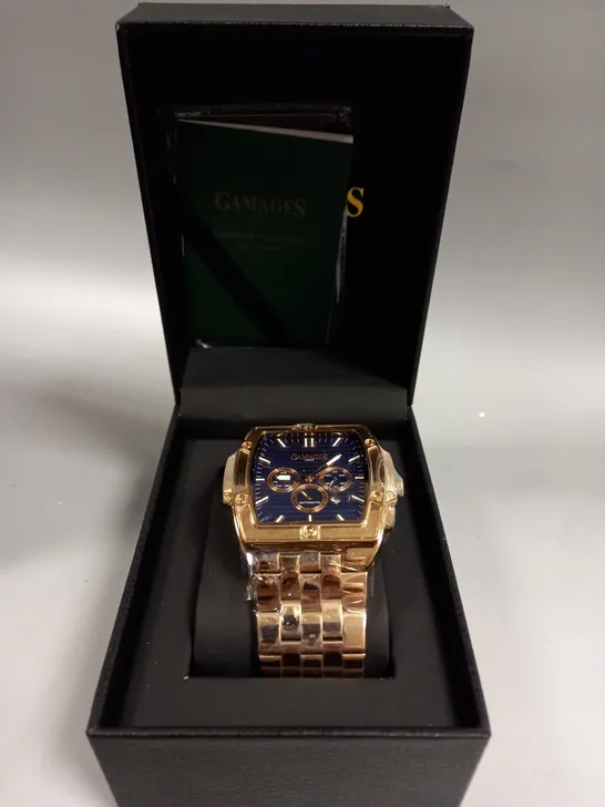 BOXED GAMAGES MAGNITUDE ROSE GOLD STAINLESS STEEL WATCH 
