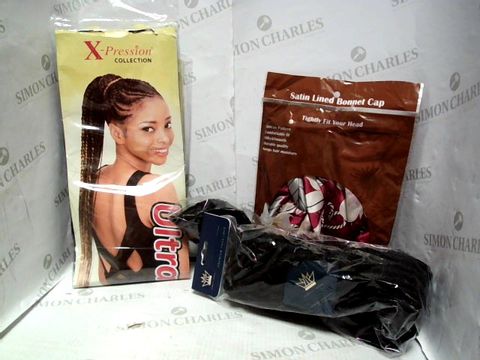 LOT OF APPROXIMATELY 7 ASSORTED COSMETIC ITEMS, TO INCLUDE SATIN LINED BONNET CAP, X-PRESSION ULTRA BRAIDS, NUBIA'S CROWN FAUX LOCS, ETC