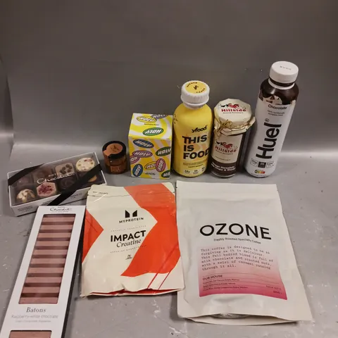 APPROXIMATELY 20 ASSORTED FOOD/DRINK PRODUCTS TO INCLUDE MYPROTEIN CREATINE, HOTEL CHOCOLAT SELECTIONS, MINI MANUKA HONEY ETC - COLLECTION ONLY 