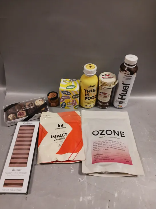 APPROXIMATELY 20 ASSORTED FOOD/DRINK PRODUCTS TO INCLUDE MYPROTEIN CREATINE, HOTEL CHOCOLAT SELECTIONS, MINI MANUKA HONEY ETC - COLLECTION ONLY 