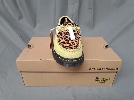 BOXED PAIR OF DR MARTENS ADRIAN BONE SNAFFLE SUEDE LOAFERS IN LIME/LEOPARD PRINT FAUX HAIR UK SIZE 6