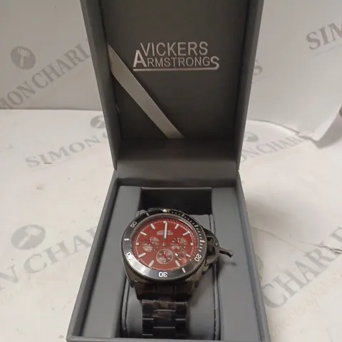 BOXED VICKERS ARMSTRONGS GEOSPHERE CHRONOGRAPH MOVEMENT RED DIAL BLACK CHAIN STRAP WATCH