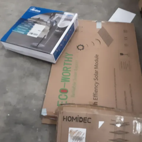PALLET OF ASSORTED ITEMS TO INCLUDE A HOMIDEC DRYING RACK,A PENNY 40PB PEDESTAL FAN AND A HIGH EFFIENCY SOLAR MODULE 