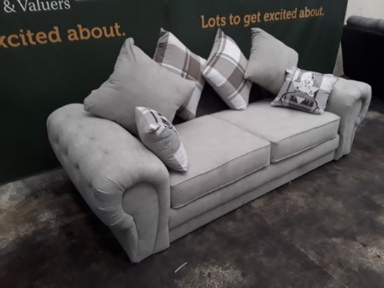 DESIGNER GREY FABRIC THREE SEATER SOFA WITH SCATTER BACK CUSHIONS