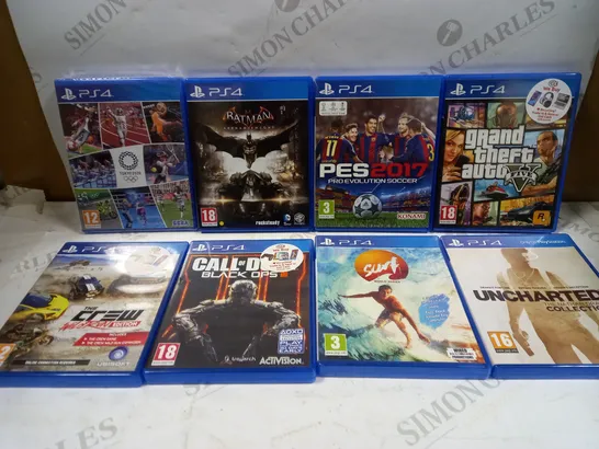 BOX OF 8 ASSORTED PS4 GAMES TO INCLUDE GTA V, UNCHARTED COLLECTION, CALL OF DUTY BLACK OPS 2 ETC