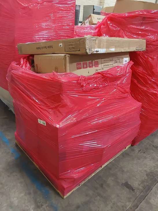 LARGE PALLET OF ASSORTED HOUSEHOLD PRODUCTS TO INCLUDE; TABLE TENNIS TABLE, DIMPLEX CONVECTOR HEATER, RST CORNER DESK, EFWTJ34 ELECTRIC FIRE AND COLOUR DISPLAY UNIT