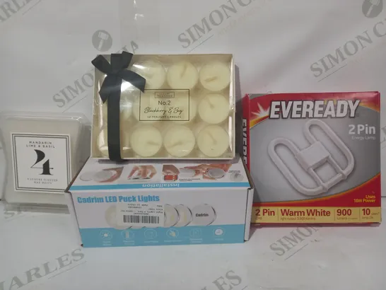 LOT OF APPROXIMATELY 10 ASSORTED HOUSEHOLD ITEMS TO INCLUDE EVEREADY 2 PIN WARM WHITE ENERGY LAMP, LUXURY FRAGRANCE PACK OF 12 TEALIGHTS, CADRIM LED PUCK LIGHTS, ETC