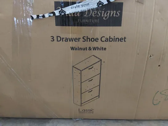 BOXED 3 DRAWER FLIP DOWN SHOE STORAGE FREE STANDING CABINET FOR HALLWAY - WALNUT & WHITE (1 BOX)