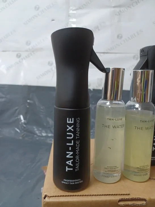 LOT CONTAINING TAN-LUXE BOTTLES TO INCLUDE THE WATER AND 2 SPRAY TAN MIST BOTTLES