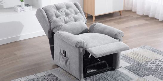 BOXED DESIGNER GREY FABRIC POWERED RECLINING EASY CHAIR (2 BOXES)