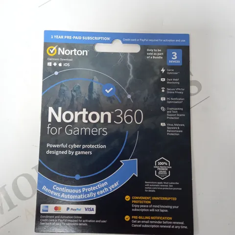 NORTON 360 FOR GAMERS ANTIVIRUS 1 YEAR PRE-PAID SUBSCRIPTION 3 DEVICES PACK OF APPROXIMATELY 15