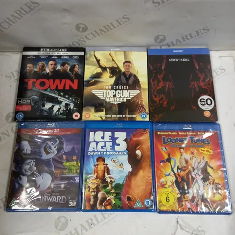 BOX OF APPROXIMATELY 15 ASSORTED DVDS & BLU RAYS TO INCLUDE DRIVE, A VIEW TO A KILL, THE GOONIES ETC