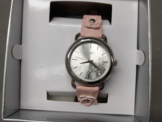 BOXED SPIRIT SILVER EFFECT WATCH W. FLORAL DESIGN & PALE PINK STRAP