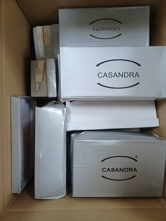 BOX OF APPROXIMATELY 15 PAIRS OF SHOES TO INCLUDE HIGH HEELS, FLAT SHOES, BLUE GEM HEELS ETC