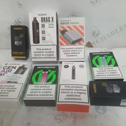 BOX OF APPROXIMATELY 15 ASSORTED E-CIGARATTES TO INCLUDE VAPORESSO, VOOPOO, ASPIRE ETC