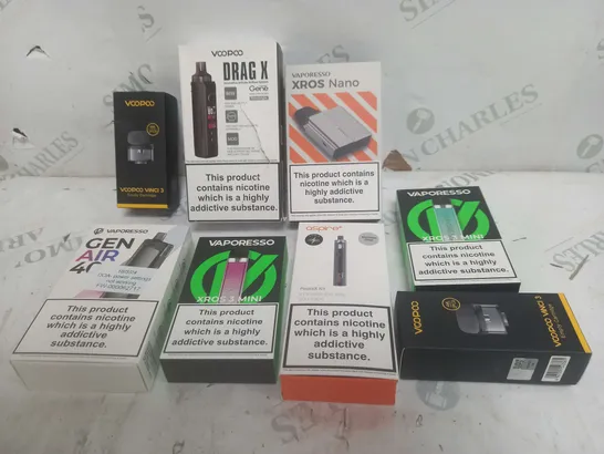 BOX OF APPROXIMATELY 15 ASSORTED E-CIGARATTES TO INCLUDE VAPORESSO, VOOPOO, ASPIRE ETC