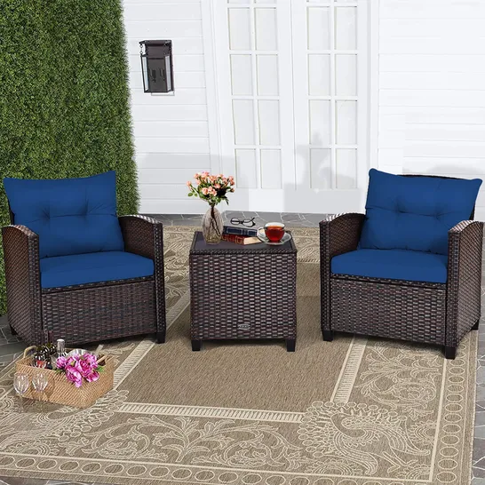 BOXED COSTWAY 3PCS PATIO RATTAN FURNITURE SET CUSHIONED CONVERSATION SET SOFA COFFEE TABLE - NAVY