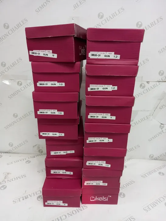 APPROXIMATELY 14 BOXED PAIR OF KELSI KIDS BUTTERFLY EMBROIDERED LOAFERS IN GUN TO INCLUDE SIZES 1, 8, 9, 10, 11, 12, 13