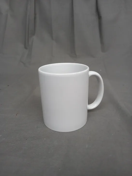 APPROXIMATELY 35 BOXED CERAMIC PRINTING MUGS IN WHITE 