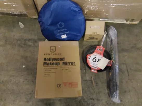 PALLET OF ASSORTED ITEMS INCLUDING: POP UP TENT, AIR COMPRESSOR, UMBRELLA, NON STICK FRYING PAN, MAKE UP MIRROR